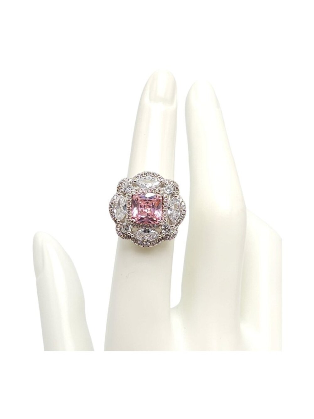 Pink Crystal Cushion Cut Pave Rhinestone Flower Cocktail Ring Silver Tone VTG 5